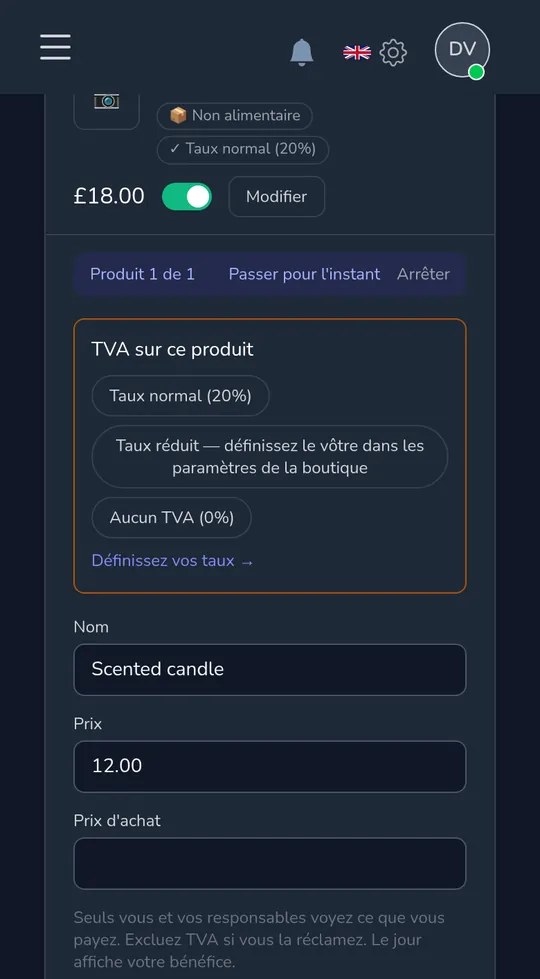 Un produit sur un téléphone demandant « Taxe de vente sur ce produit » avec tarif standard, réduit et sans taxe de vente.