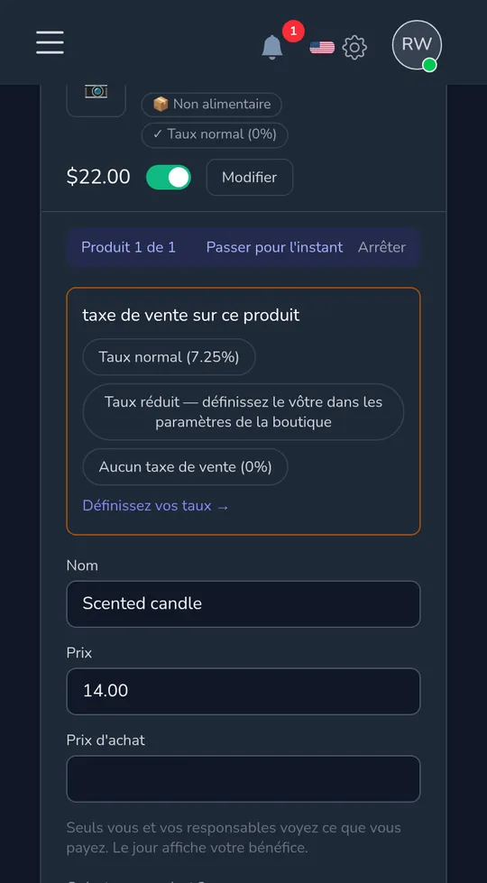 Un produit sur un téléphone demandant « Taxe de vente sur ce produit » avec tarif standard, réduit et sans taxe de vente.