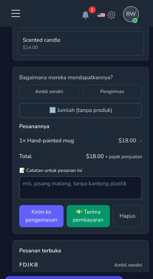 Mesin kasir di ponsel: satu cangkir buatan tangan, total, dan tombol untuk mengirimnya untuk pengemasan atau mengisi sekarang.