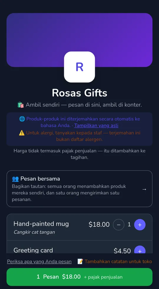 Keranjang pelanggan di halaman toko: satu cangkir dengan harga $18,00 dan tombol "Kirim pesanan", dengan "+ pajak penjualan" di samping total.