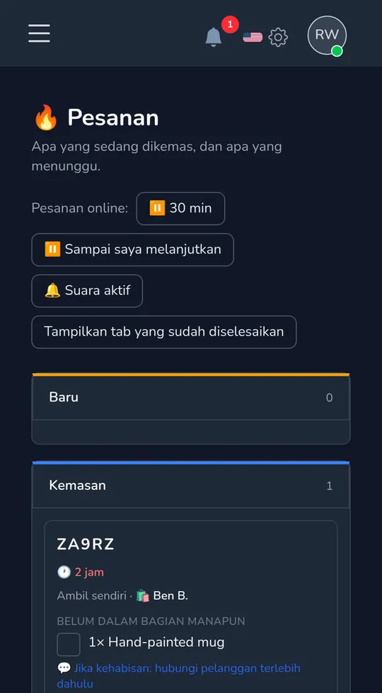 Papan pesanan di ponsel: pesanan ambil baru dari pelanggan, dengan "Mulai pengemasan".