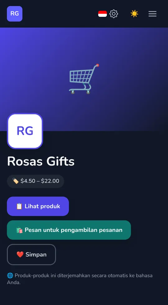 Halaman toko sendiri di ponsel: nama toko, "Pesan untuk ambil" dan produknya.