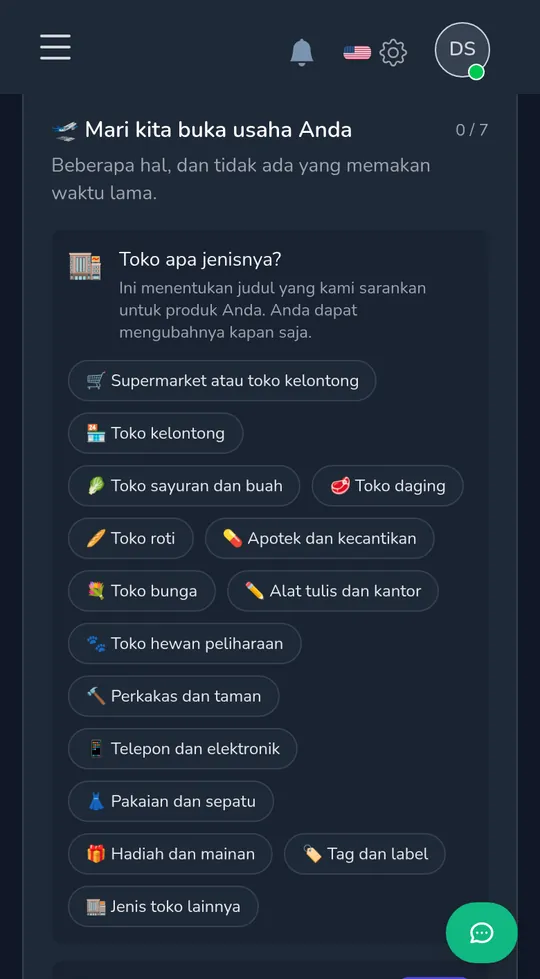 Memilih jenis toko di ponsel: toko grosir, toko kelontong, toko bunga, hadiah dan mainan dan lainnya.