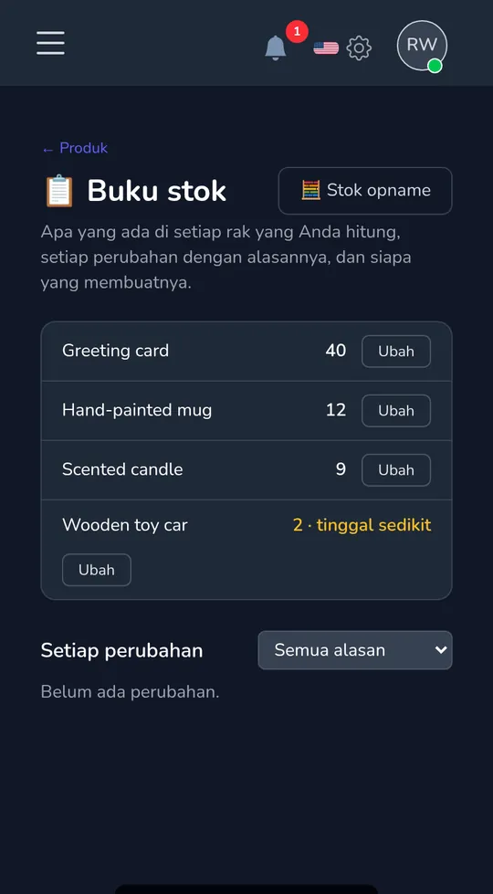 Buku stok di ponsel: empat produk dengan jumlahnya, satu ditandai "sisa sedikit".