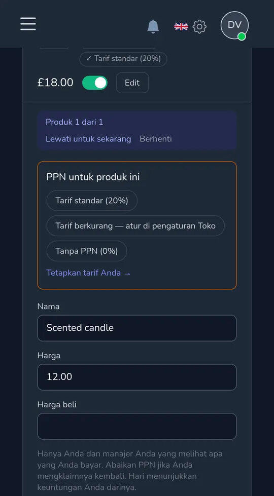 Produk di ponsel menanyakan "Pajak penjualan pada produk ini" dengan standar, berkurang dan tanpa pajak penjualan.