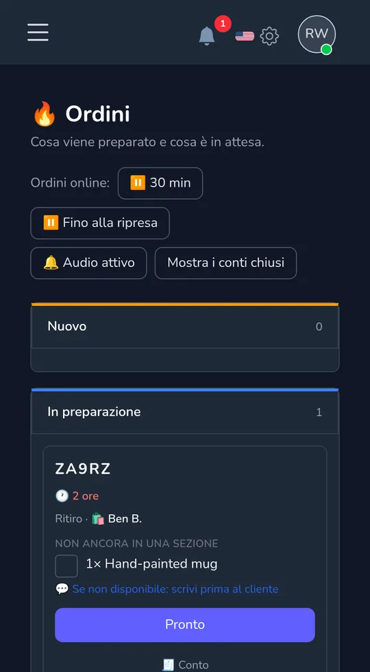 La board degli ordini su un telefono: un nuovo ordine di ritiro da un cliente, con "Inizia l'imballaggio".