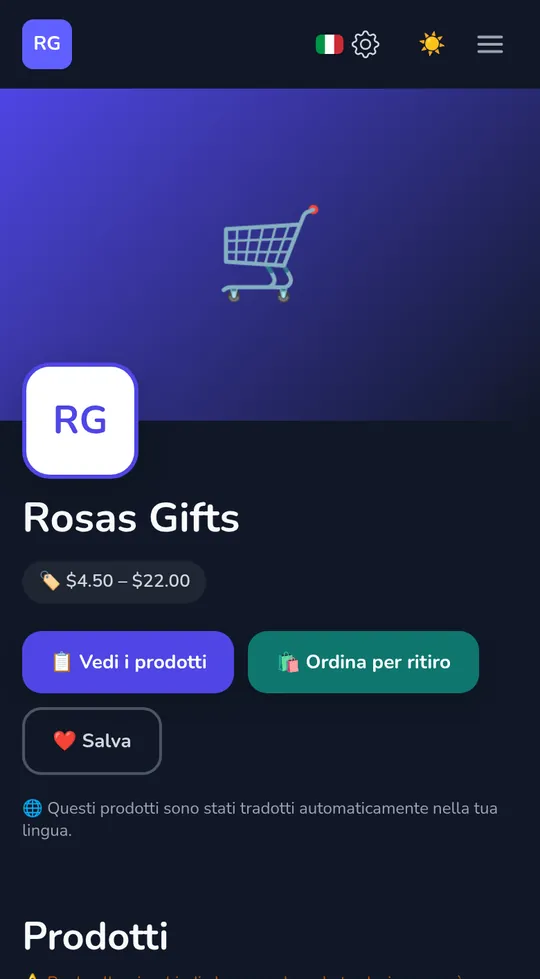 La pagina personale di un negozio su un telefono: il nome del negozio, "Ordina per ritiro" e i suoi prodotti.