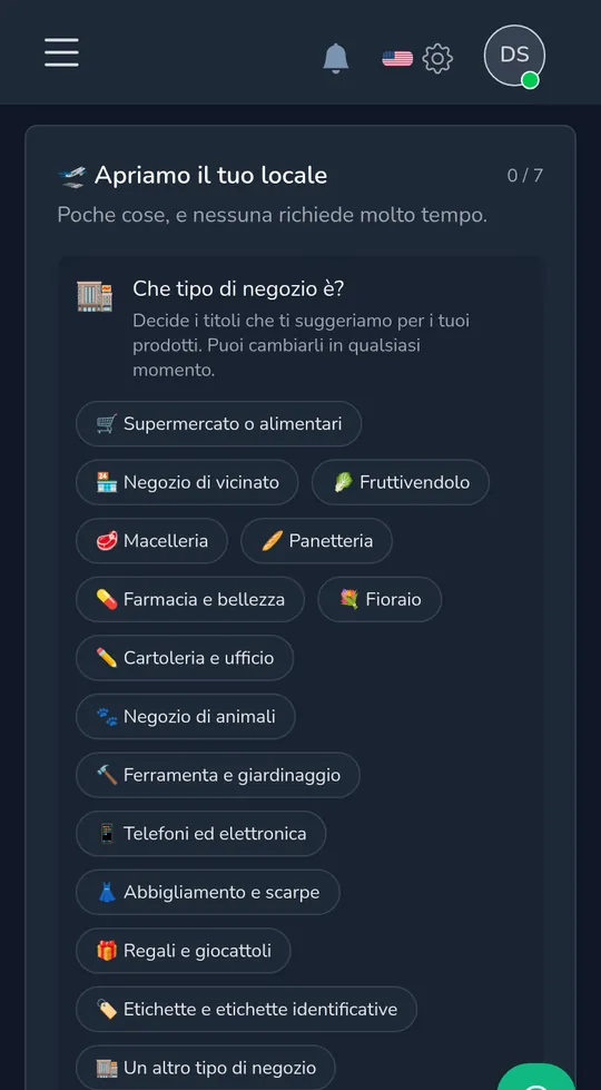 Scegliere il tipo di negozio su un telefono: alimentari, negozio di quartiere, fioraio, regali e giocattoli e altro.
