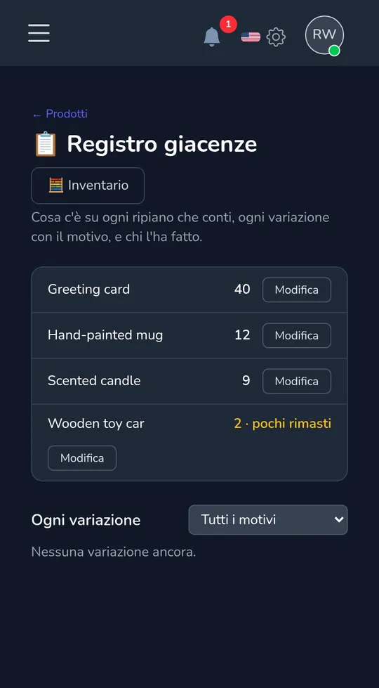 Il registro di magazzino su un telefono: quattro prodotti con i loro conteggi, uno contrassegnato "pochi rimasti".