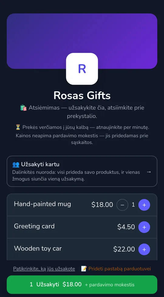 Kliento krepšelis parduotuvės puslapyje: vienas puodelis už $18.00 ir mygtukas „Siųsti užsakymą", su „+ pardavimo mokesčis" šalia sumos.