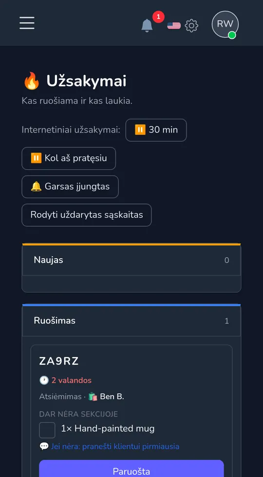 Užsakymų lenta telefone: naujas paėmimo užsakymas nuo kliento, su „Pradėti pakavimą".