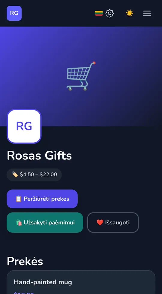 Parduotuvės savasis puslapis telefone: parduotuvės pavadinimas, „Užsakyti paėmimui" ir jos produktai.