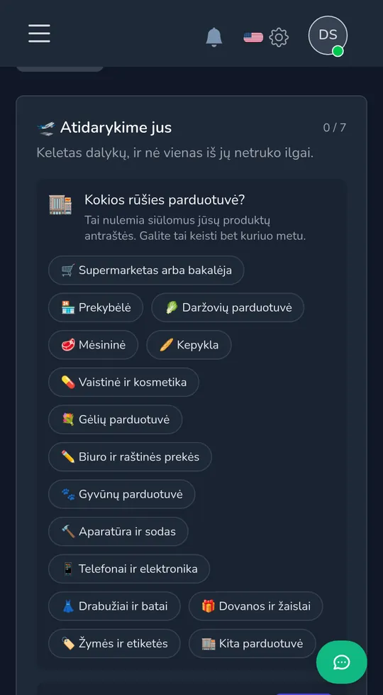 Parduotuvės tipo pasirinkimas telefone: maisto prekės, kampinis parduotuvė, žiedų parduotuvė, dovanos ir žaislai bei daugiau.