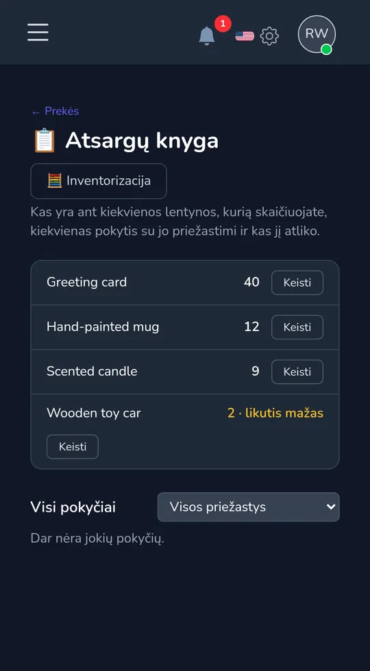 Atsargų žurnalas telefone: keturi produktai su jų kiekiais, vienas pažymėtas „liko nedaug".