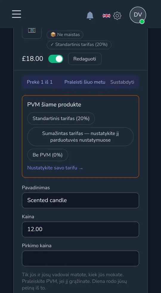 Produktas telefone, klausiantis „Pardavimo mokestis šiam produktui" su standartine, sumažinta ir jokia pardavimo mokesčiu.