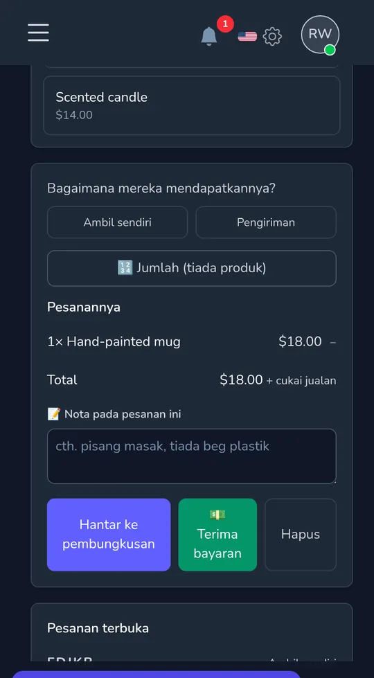 Til di telefon: satu cawan cat tangan, jumlah, dan butang untuk menghantarnya untuk pembungkusan atau cas sekarang.
