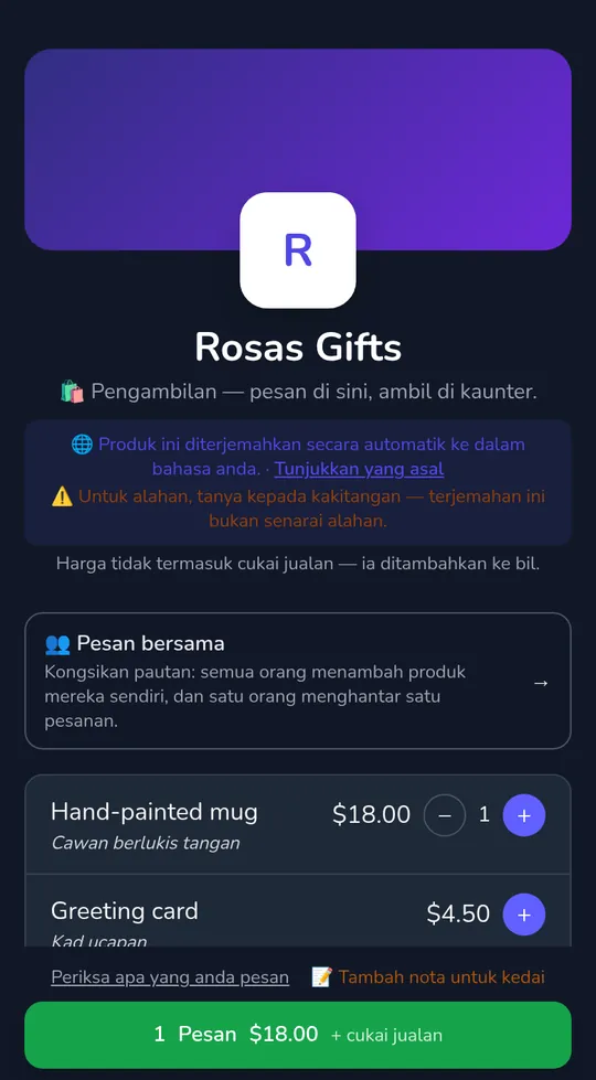 Bakul pelanggan di halaman kedai: satu cawan pada $18.00 dan butang "Hantar pesanan", dengan "+ cukai jualan" di sebelah jumlah.