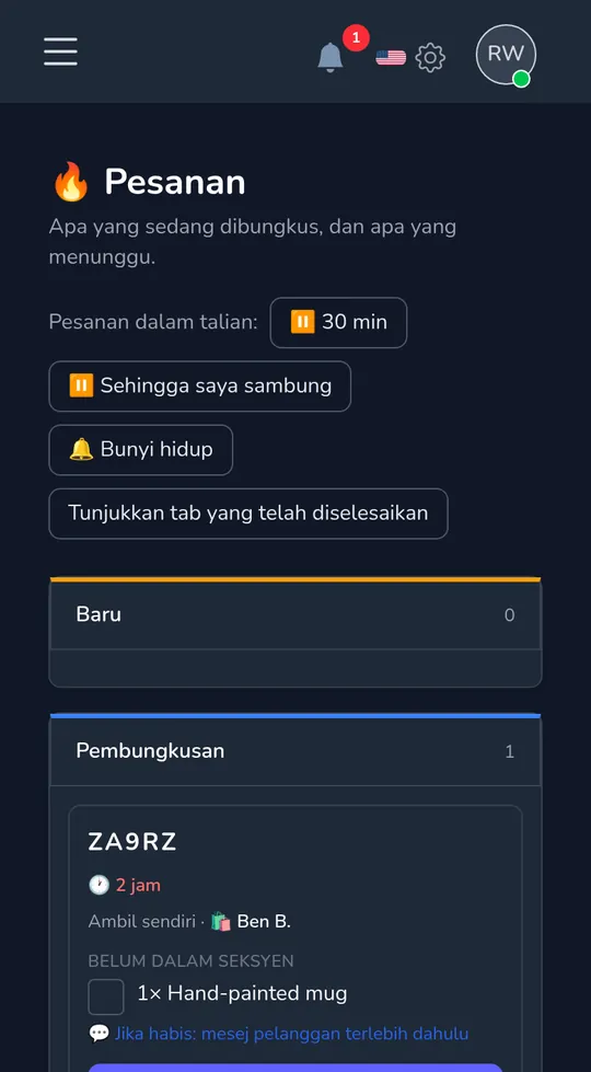 Papan pesanan di telefon: pesanan ambil baru daripada pelanggan, dengan "Mula membungkus".