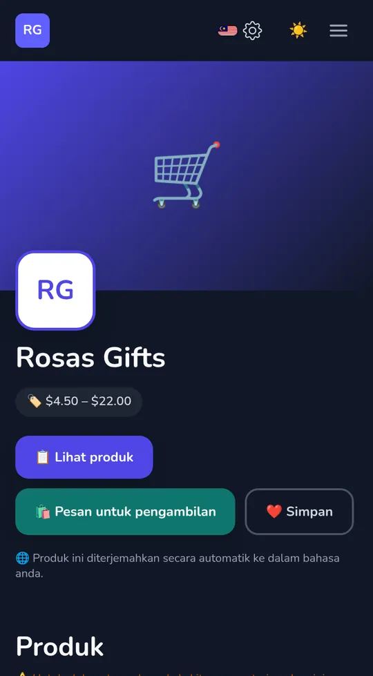 Halaman sendiri kedai di telefon: nama kedai, "Pesan untuk ambil" dan produknya.