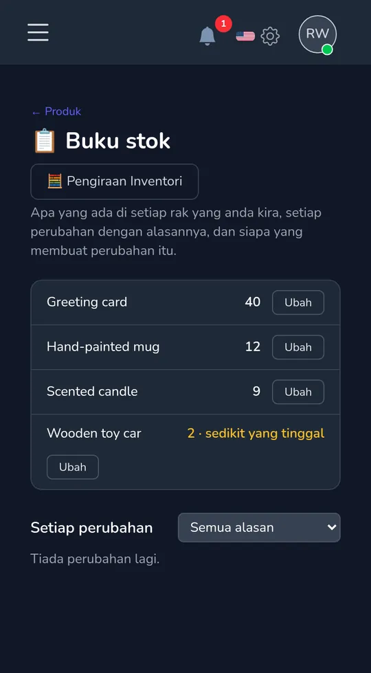 Buku stok di telefon: empat produk dengan bilangan mereka, satu ditandai "tinggal sedikit".