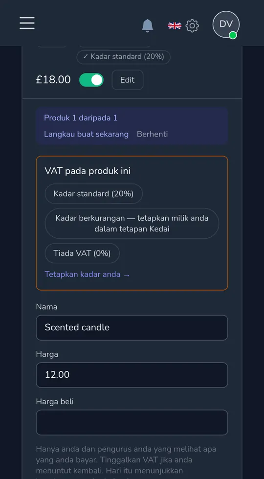 Produk di telefon bertanya "Cukai jualan pada produk ini" dengan standard, dikurangkan dan tiada cukai jualan.