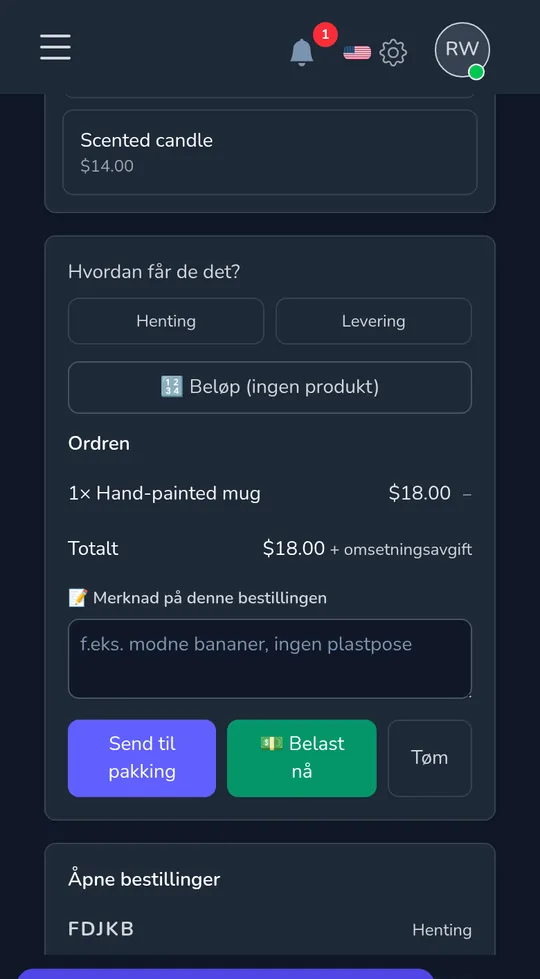Kassen på en telefon: en håndmalt kopp, totalt beløp, og knappene for å sende det for pakking eller ta betaling nå.