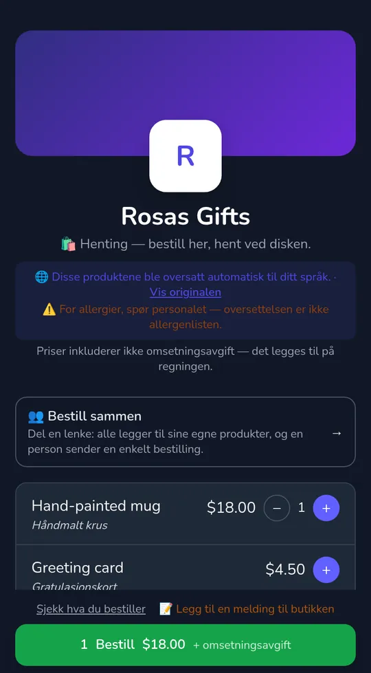 En kundes handlekurv på en butikkside: en kopp på $18,00 og knappen "Send bestilling", med "+ omsetningsavgift" ved siden av totalen.