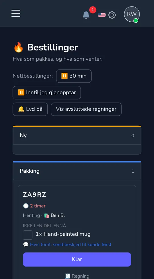 Bestillingsbrettet på en telefon: en ny hentingsbestilling fra en kunde, med "Start pakking".