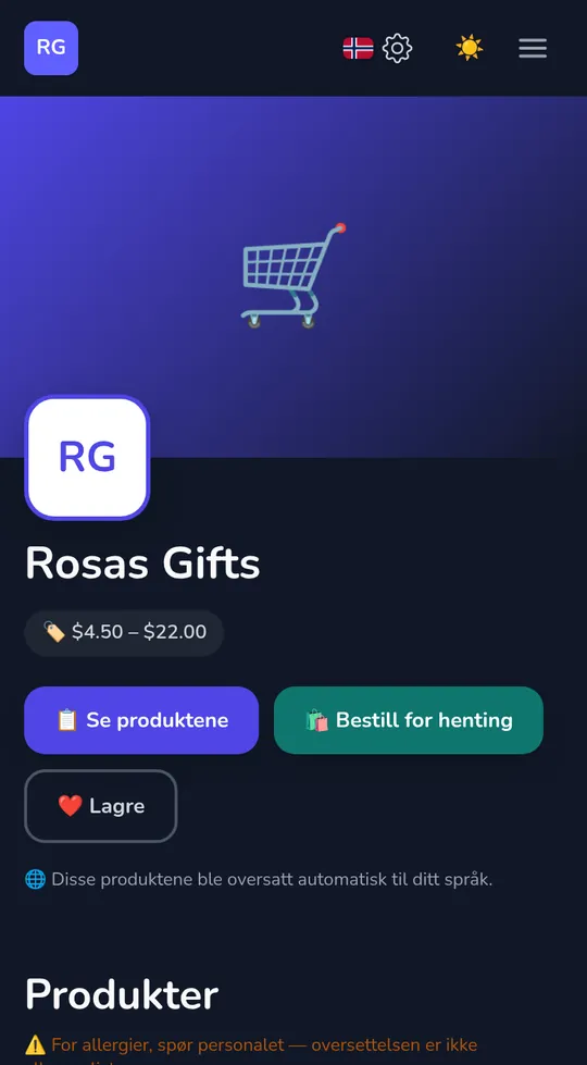 En butikks egen side på en telefon: butikkens navn, "Bestill for henting" og dens produkter.
