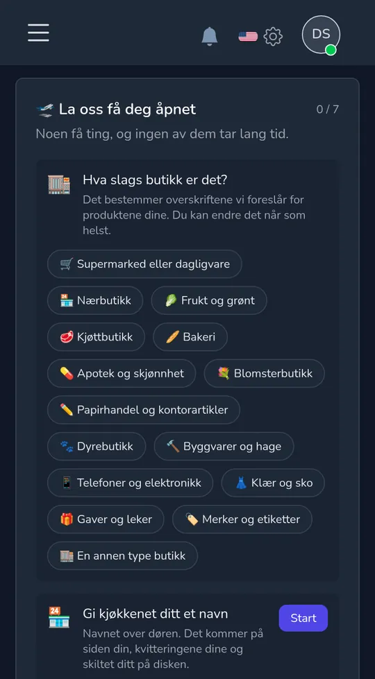 Valg av butikktype på en telefon: dagligvare, liten butikk, blomsterbutikk, gaver og leker og mer.
