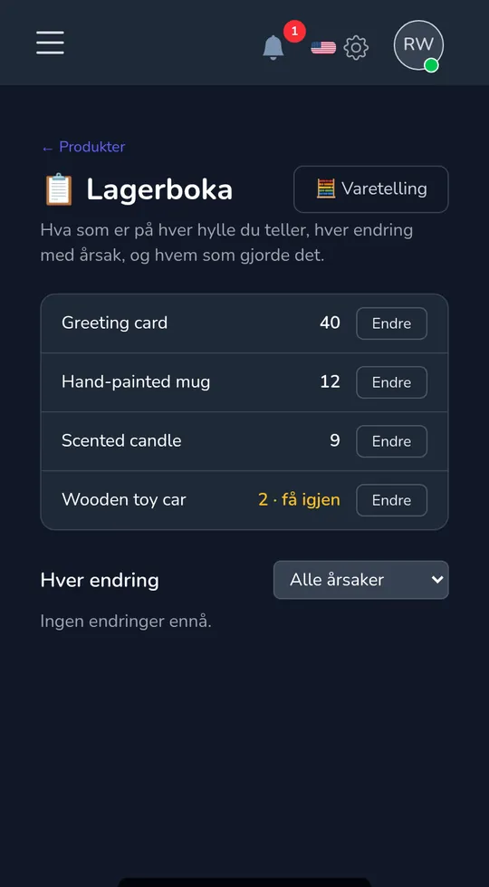 Lagerboken på en telefon: fire produkter med deres antall, ett merket "få igjen".