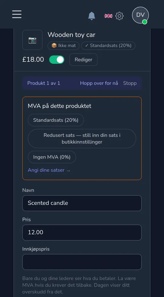 Et produkt på en telefon som spør "Omsetningsavgift på dette produktet" med standard, redusert og ingen omsetningsavgift.