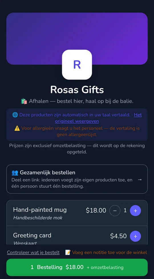 Het winkelwagentje van een klant op een winkelpagina: één mok voor $18,00 en de knop "Bestelling verzenden", met "+ verkoopbelasting" naast het totaal.
