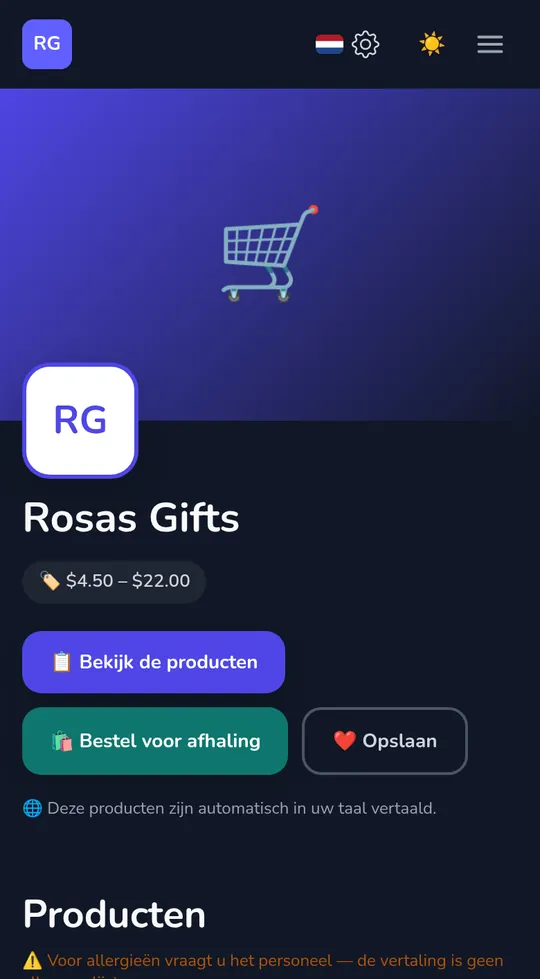De eigen pagina van een winkel op een telefoon: de winkelnaam, "Bestellen voor afhaling" en zijn producten.