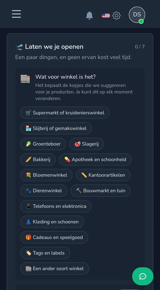 De soort winkel kiezen op een telefoon: kruidenierszaak, buurtwinkel, bloemist, cadeaus en speelgoed en meer.