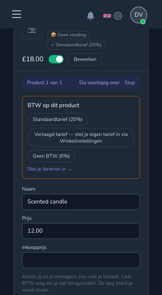 Een product op een telefoon dat vraagt "Verkoopbelasting op dit product" met standaard, verlaagd en geen verkoopbelasting.