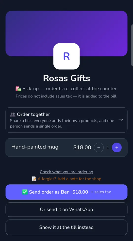 A customer's basket on a shop page: one mug at $18.00 and the button "Send order", with "+ sales tax" beside the total.
