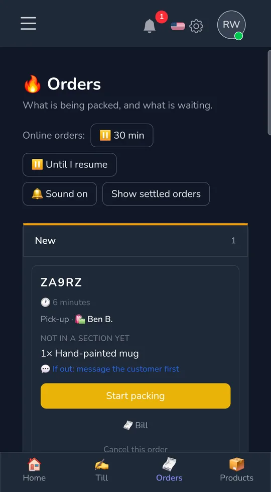 The orders board on a phone: a new pick-up order from a customer, with "Start packing".