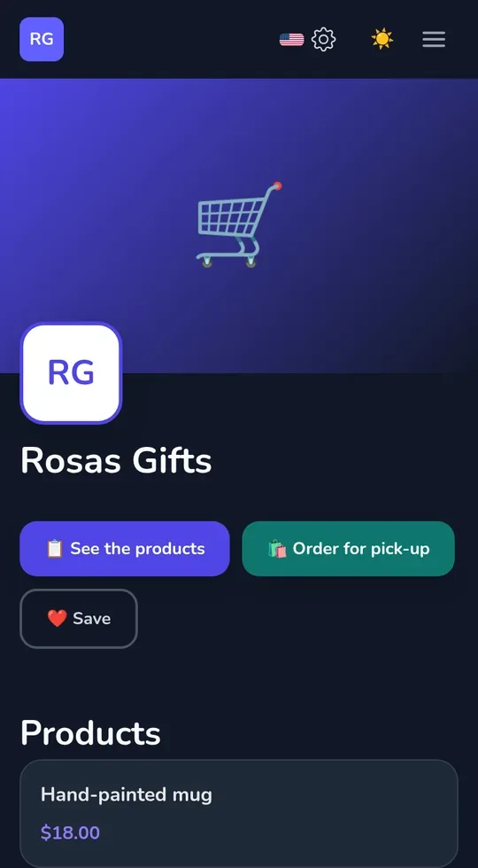 A shop's own page on a phone: the shop name, "Order for pick-up" and its products.