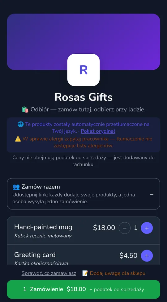Koszyk klienta na stronie sklepu: jeden kubek za $18.00 i przycisk „Wyślij zamówienie", z „+ podatek od sprzedaży" obok razem.