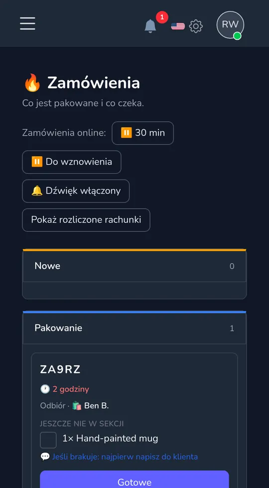 Tablica zamówień na telefonie: nowe zamówienie do odbioru od klienta, z „Zacznij pakowanie".