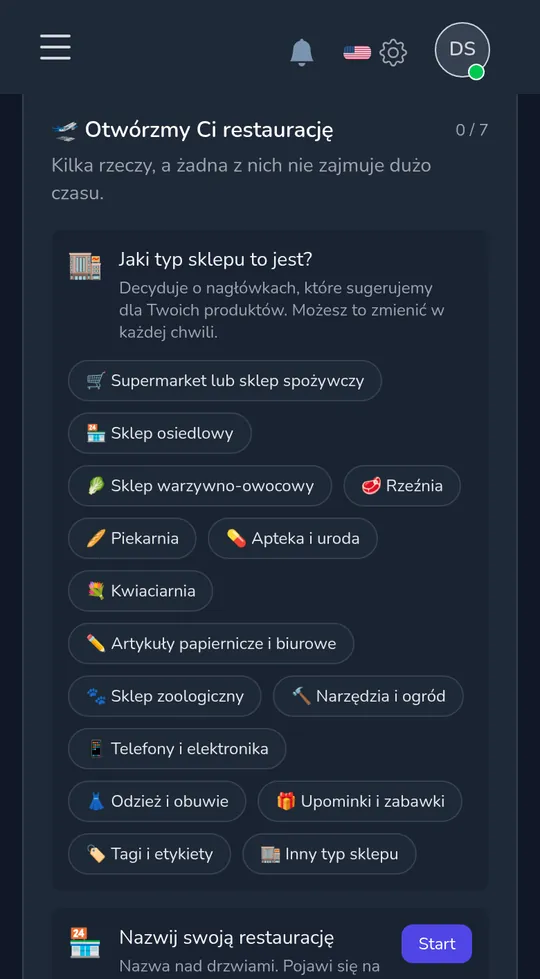 Wybieranie typu sklepu na telefonie: sklep spożywczy, narożny, kwiaciarnia, upominki i zabawki i wiele więcej.