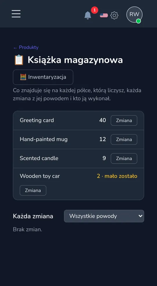 Księga magazynowa na telefonie: cztery produkty z ich ilościami, jeden oznaczony "mało pozostało".