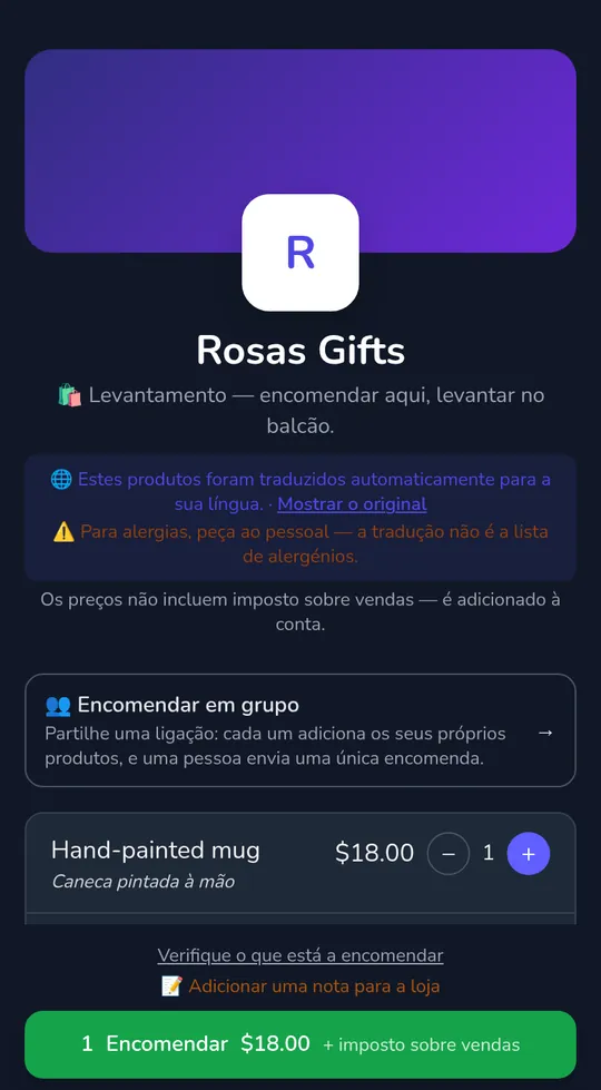 Um cesto de cliente numa página de loja: uma chávena a $18.00 e o botão "Enviar encomenda", com "+ imposto sobre vendas" ao lado do total.