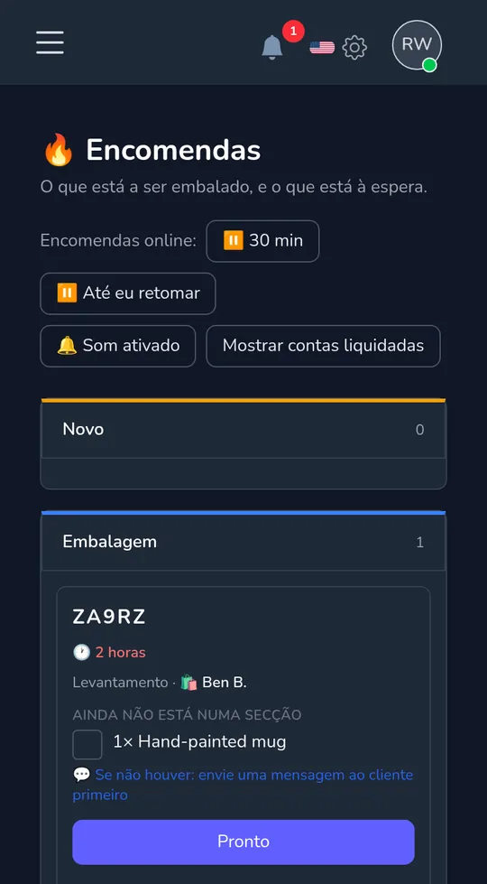 O tabuleiro de encomendas num telemóvel: uma nova encomenda de levantamento de um cliente, com "Começar a empacotar".