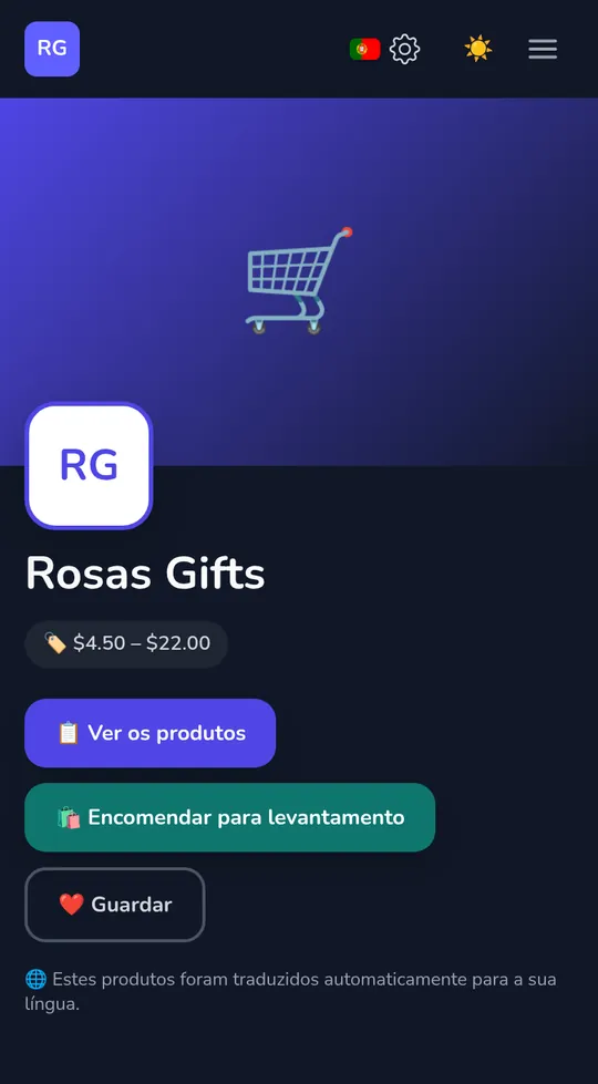 A página própria de uma loja num telemóvel: o nome da loja, "Encomendar para levantamento" e os seus produtos.