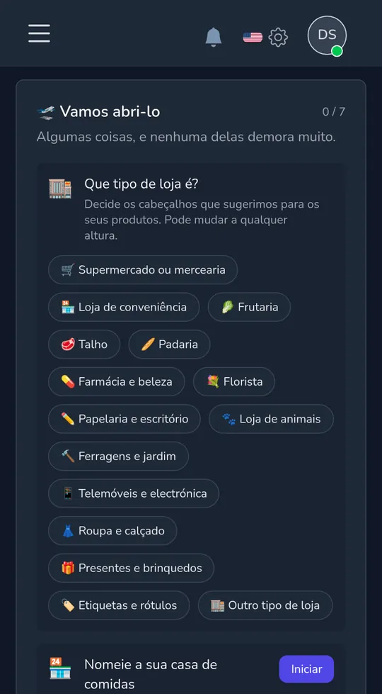 Escolhendo o tipo de loja num telemóvel: mercearia, loja de bairro, florista, presentes e brinquedos e muito mais.