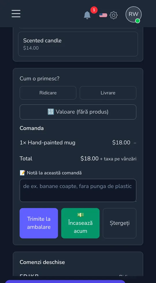 Casa de marcat pe un telefon: o ceașcă pictată manual, totalul și butoanele pentru a o trimite la ambalare sau a percepe acum.