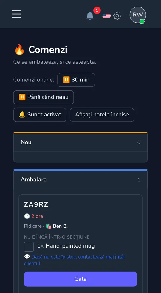 Tabla de comenzi pe un telefon: o comandă nouă de preluare de la un client, cu „Începe ambalarea".