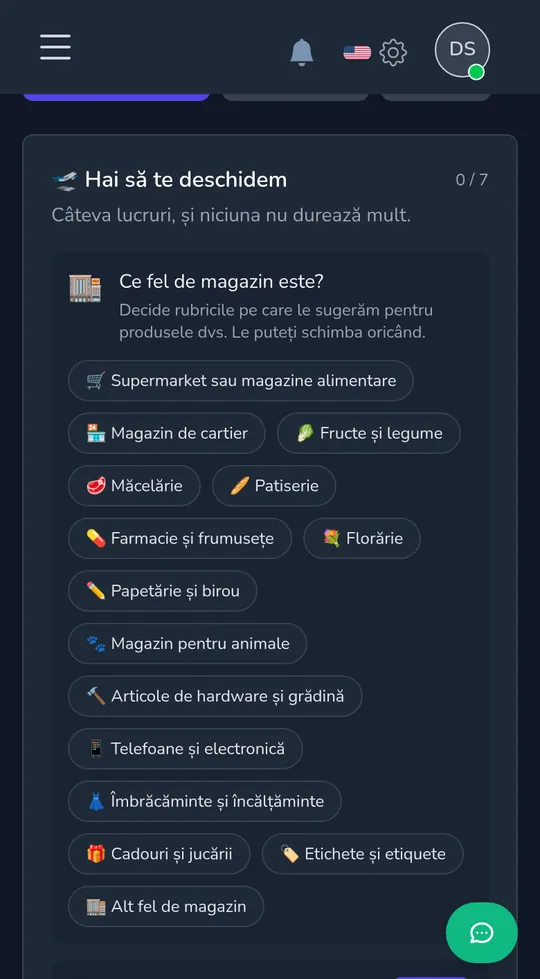 Alegerea tipului de magazin pe un telefon: alimentar, magazin la colț, florărie, cadouri și jucării și altele.